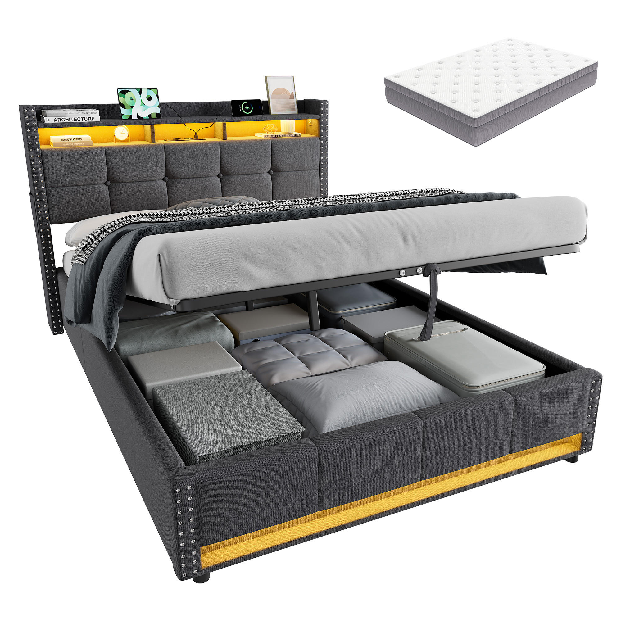 POLSTERBETT 140×200 mit Matratze und Bettkasten, LED und USB, Leinenbezug, in Grau - Grau, Holzwerkstoff/Textil (140/200cm) - STILVORA