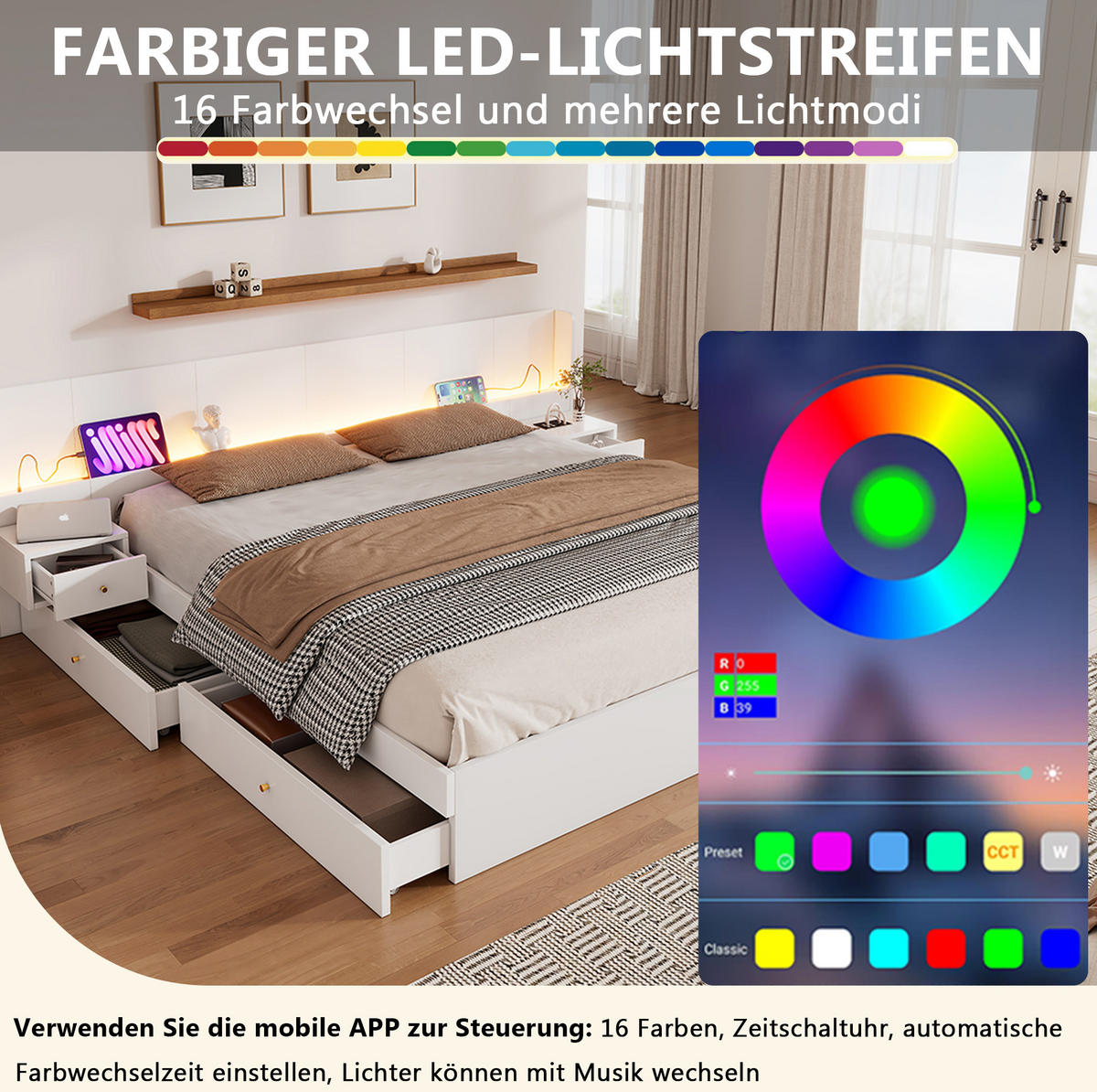 DOPPELBETT 180/200 cm mit USB-Anschlüssen, Steckdosen, LED-Beleuchtung und 2 Nachttischen mit Schubladen, Weiß - Weiß, Holzwerkstoff (180/200cm) - Redom