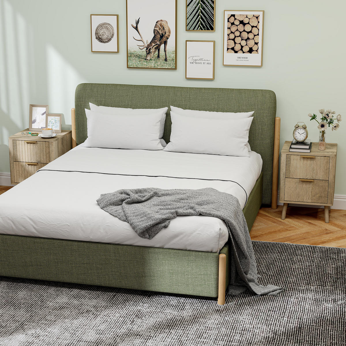 NACHTSCHRANK DE-12878 2 geriffelte Schubladen, goldene Griffe Eiche - Eichefarben, Holzwerkstoff (40/53/40cm) - ComfortXL