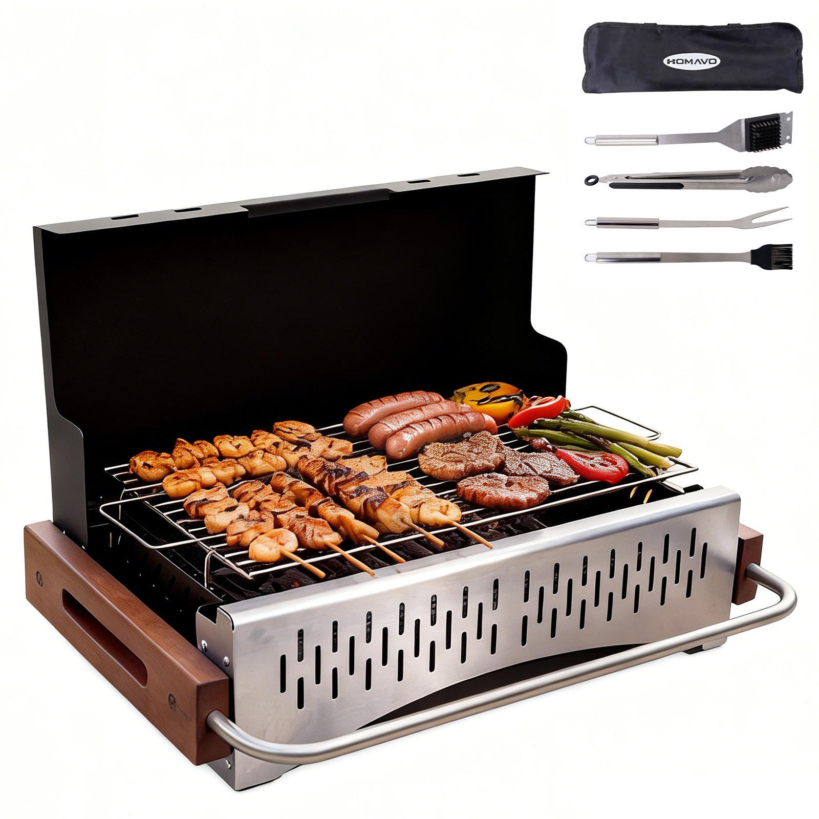 HOLZKOHLEGRILL mit Werkzeugkoffer - Silberfarben/Schwarz, Metall (37.3/33.2/50.72cm) - HOMAVO