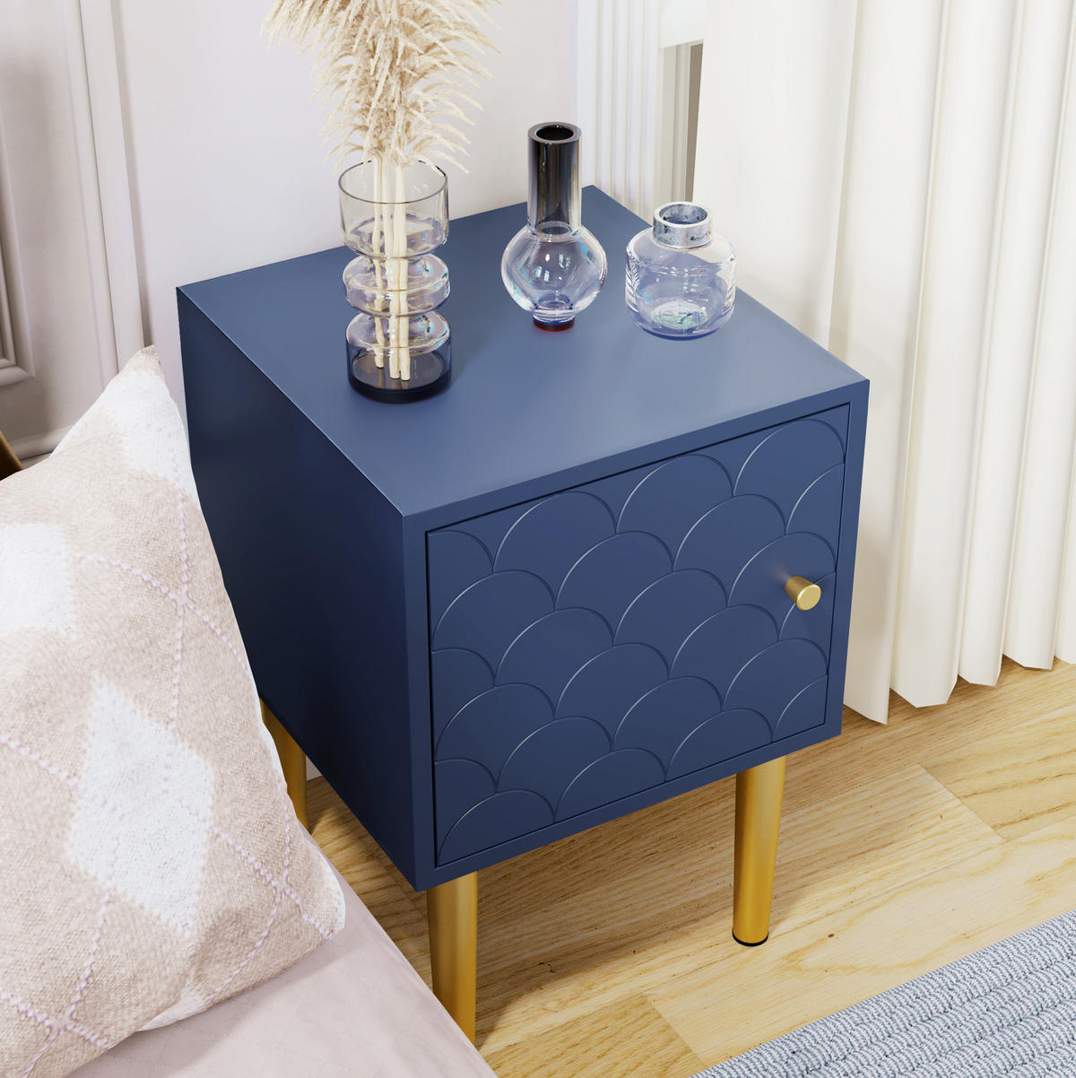 NACHTTISCH 2er-Set 35/35/51 cm in Marineblau mit Tür & hohen Metallbeinen - Dunkelblau, Holz (35/51/35cm) - BEAOK