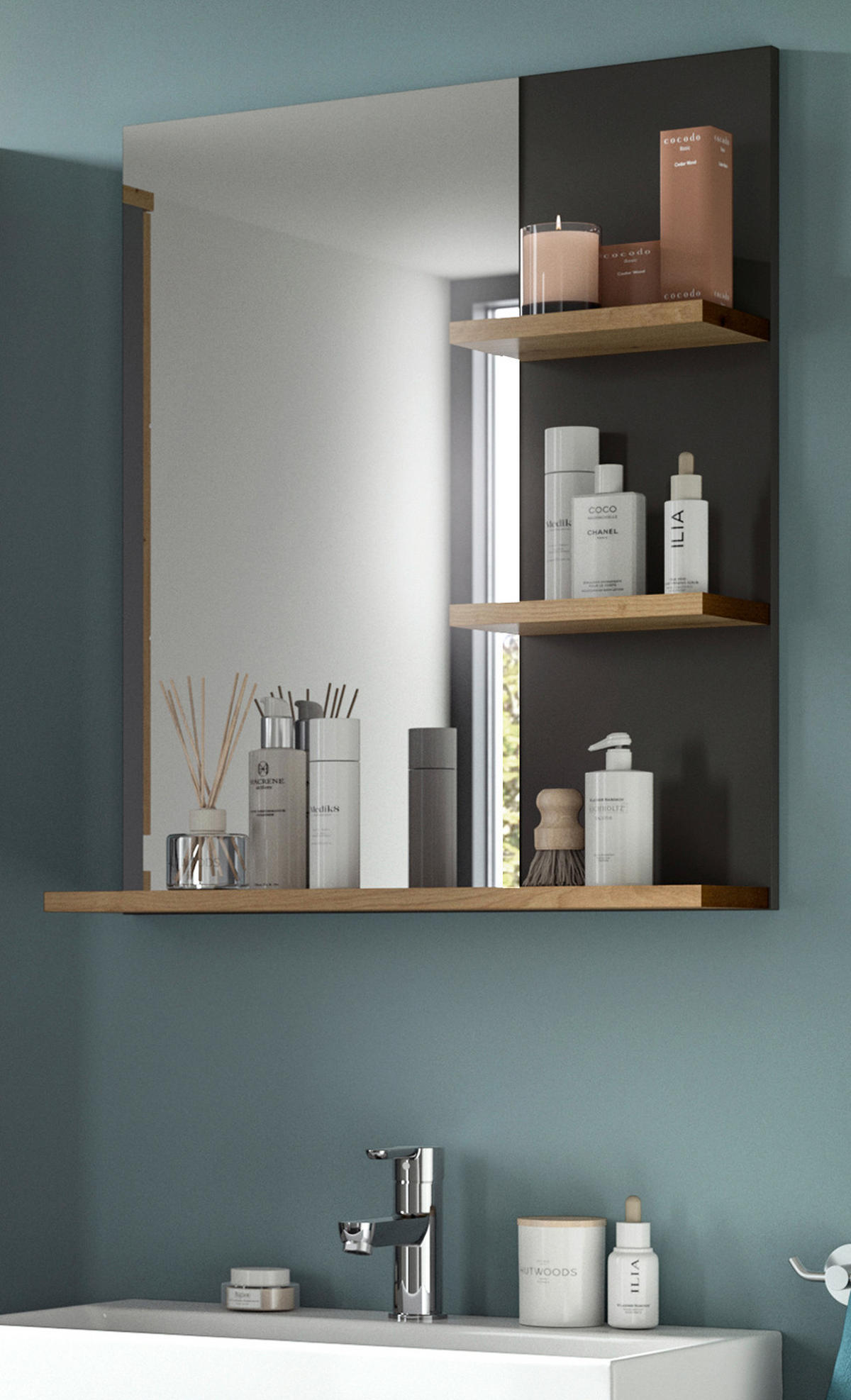 BADSPIEGEL Eiche, grau 63 cm, Wandspiegel mit Ablagen - Eiche Artisan/Grau, Glas/Holzwerkstoff (63/73/16cm) - Inn.Furn