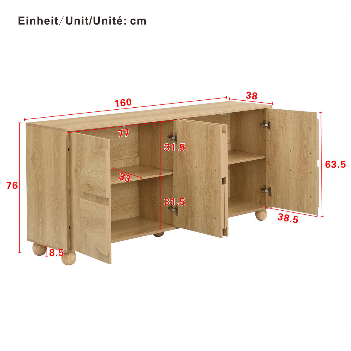 SIDEBOARD mit 4 Türen und verstellbaren Böden - Naturfarben, Holzwerkstoff (160/76/38cm) - FLIEKS