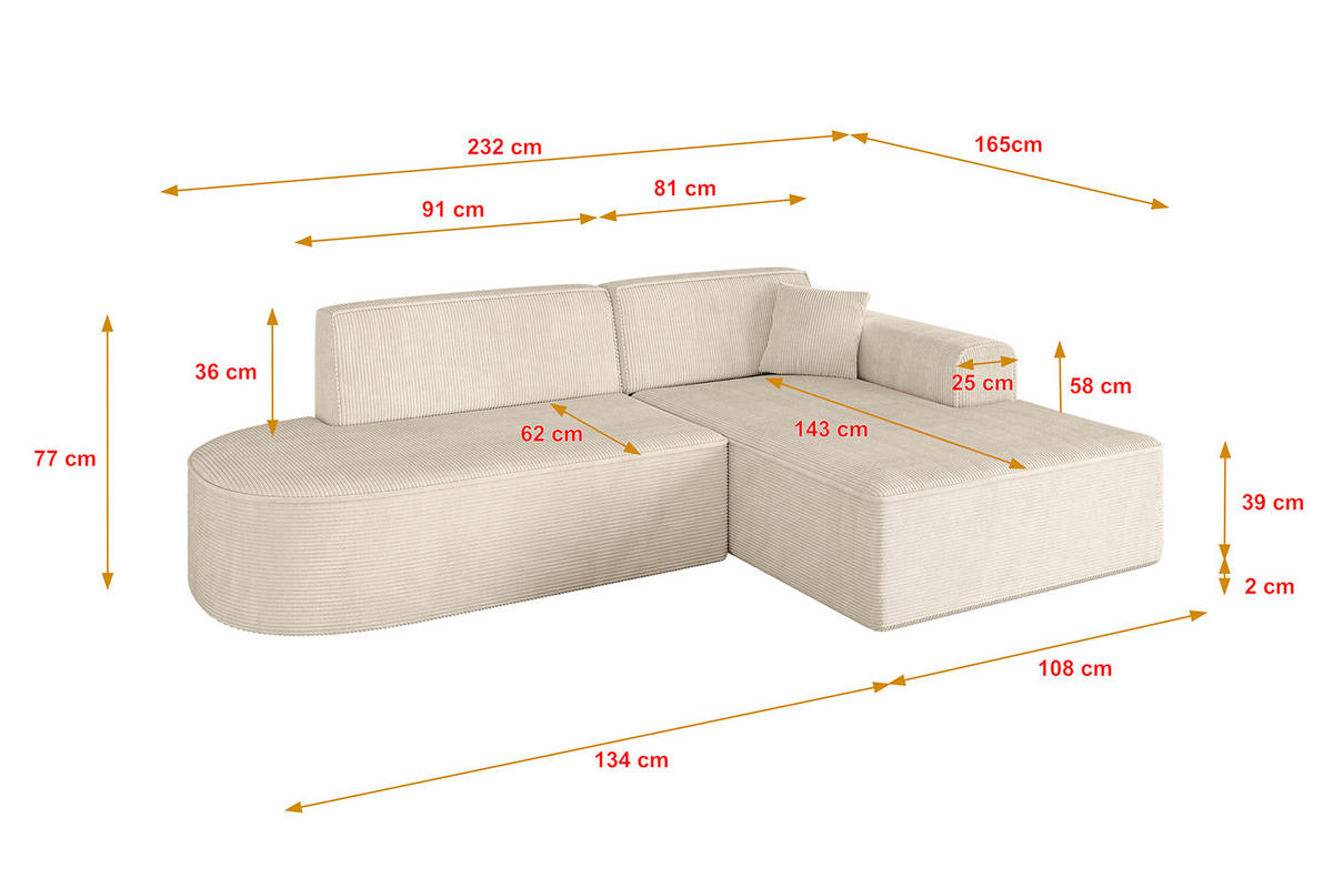 ECKSOFA Ottomane Rechts IREA-L1-v3 - 232x165x77 cm Beige - Beige, Holzwerkstoff/Textil (232/165cm) - ALTDECOR