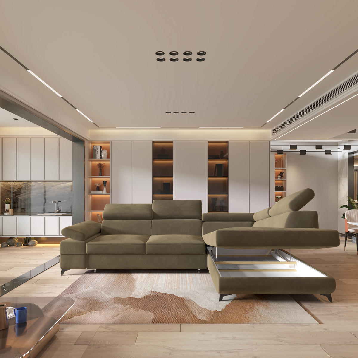 ECKSOFA FAVIEN R-S Beige Velours-Stoff mit Schlaffunktion - Beige, Holz (257/190cm) - MASSENO