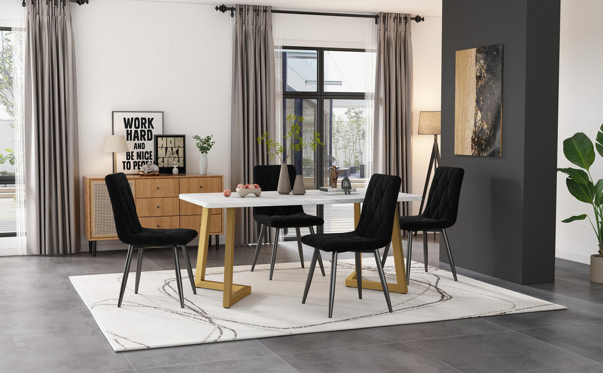 ESSGRUPPE 5-teilig mit Marmoroptik-Esstisch 117×68 und vier schwarzen Samtstühlen als modernes rechteckiges Küchenset, weiß-schwarz - Schwarz, Holzwerkstoff (68/75/117cm) - Luhomfu