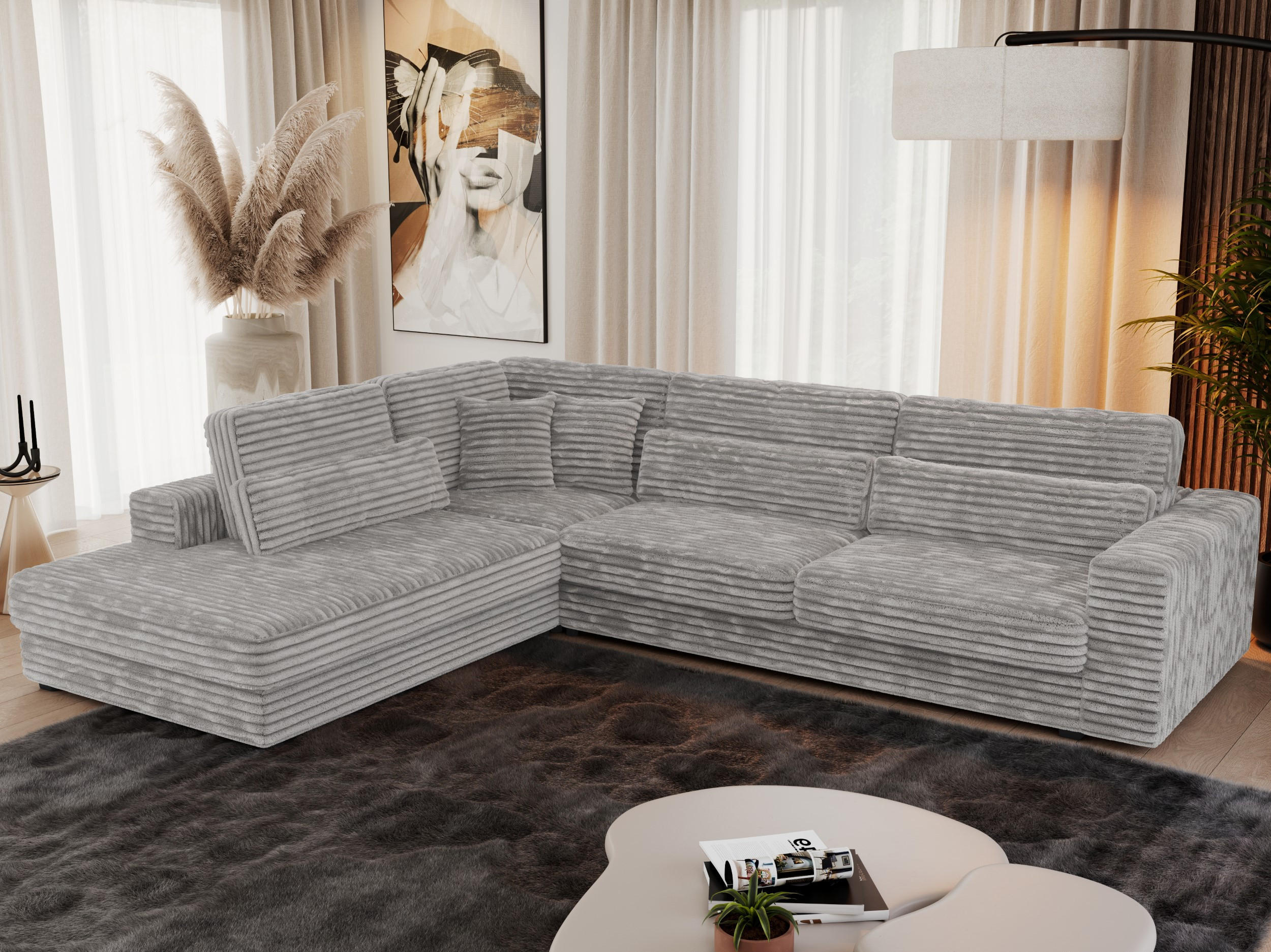 ECKSOFA Savona Hellgrau breiter Cord - links - Hellgrau/Schwarz, Kunststoff/Textil (316/249cm) - MKS