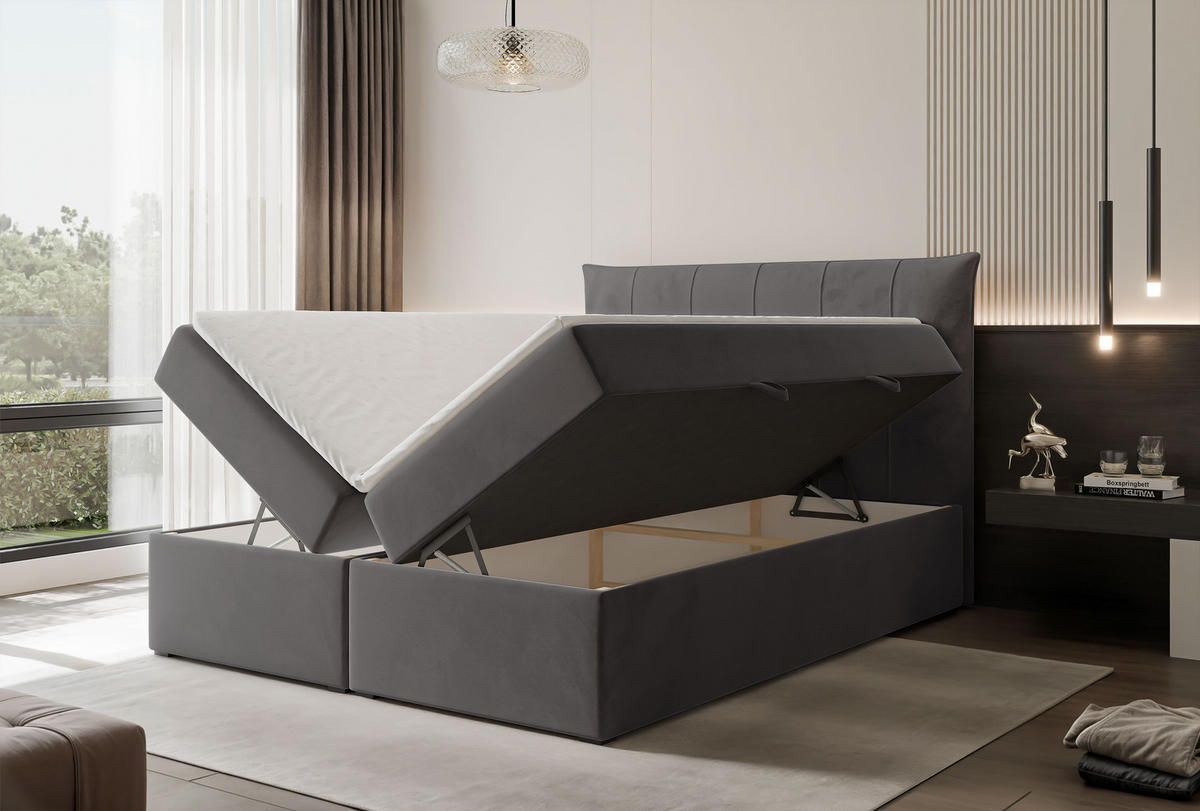 BOXBETT CHESTER 160/200 cm mit Matratze und Topper, Grau - Grau, Holzwerkstoff/Textil (160/200cm) - Idohome