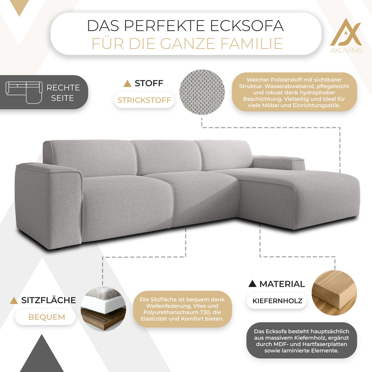 ECKSOFA L Form Didim mini Hellgrau 310/165/78 cm – stilvolle kleine Eckcouch R - Hellgrau/Schwarz, Kunststoff/Textil (310/165cm) - AX Living