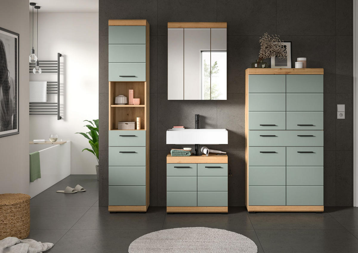 BADKOMBINATION 4tlg. Scout Bad in Artisan Eiche Nachbildung und Salbei Nachbildung B/H/T: 186x191x34 cm - Eiche Artisan, Holz (186/191/34cm)