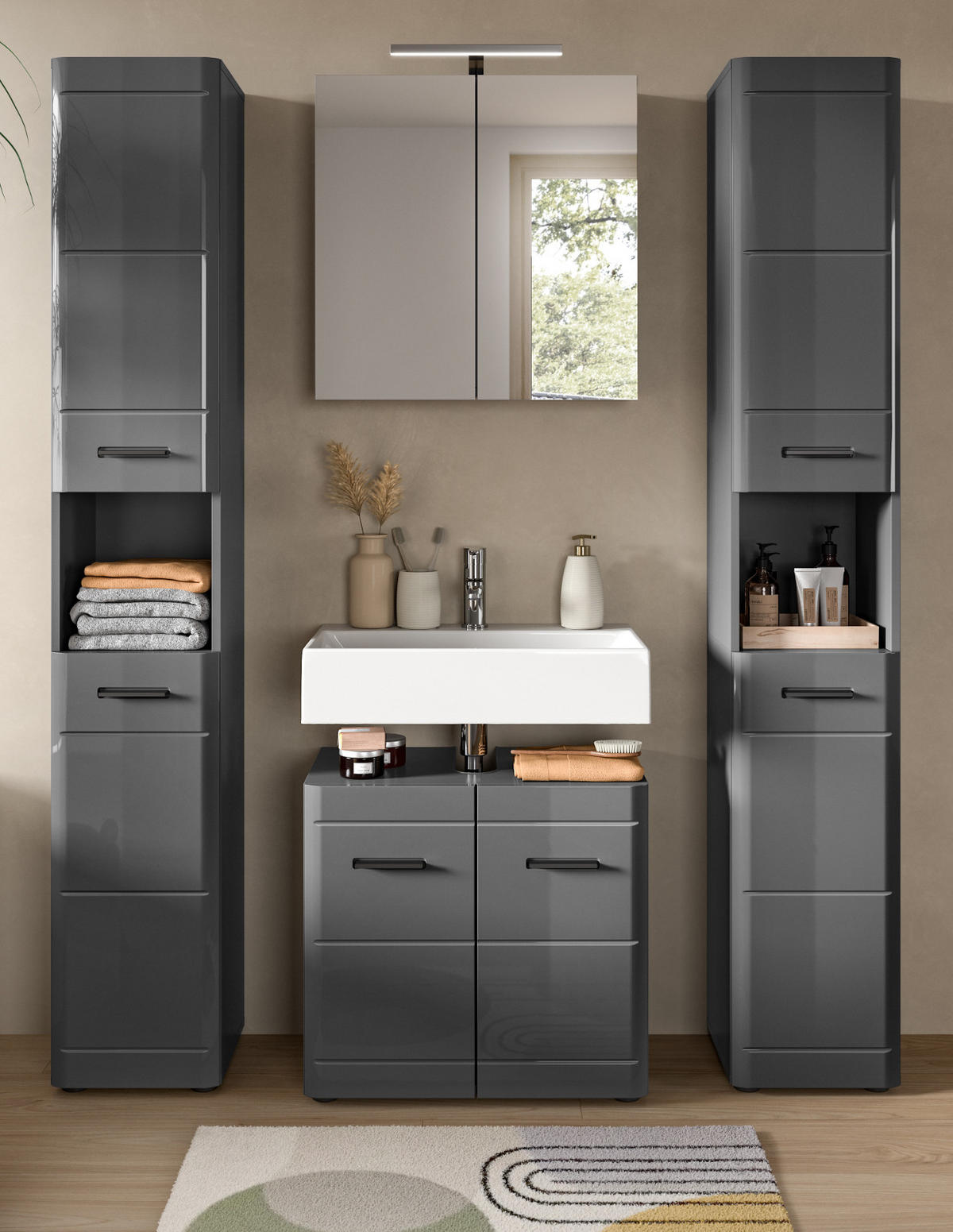 BADMÖBEL-SET grau Hochglanz 4-teilig, Komplettset mit Soft-Close - Grau, Glas/Holzwerkstoff (150/190/34cm) - Inn.Furn