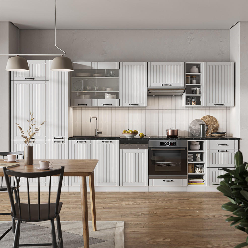 KÜCHENZEILE Fame-Line Weiß Landhaus/Weiß 355 cm, AP Eiche - Creme/Weiß, Holzwerkstoff (355/81.6/60cm) - Vicco