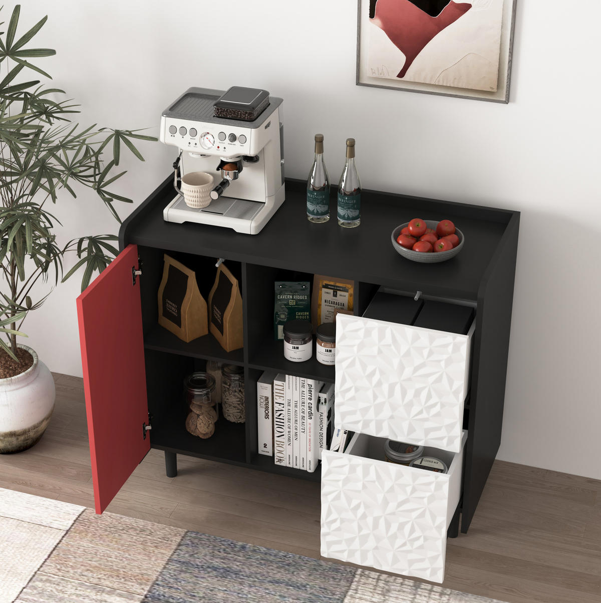 SIDEBOARD aus MDF 40x90x80 cm Schwarz/Rot mit 2 Schubladen, offenem Fach und Schranktür in modernem Design - Rot, Holzwerkstoff (90/80/40cm) - Modfu