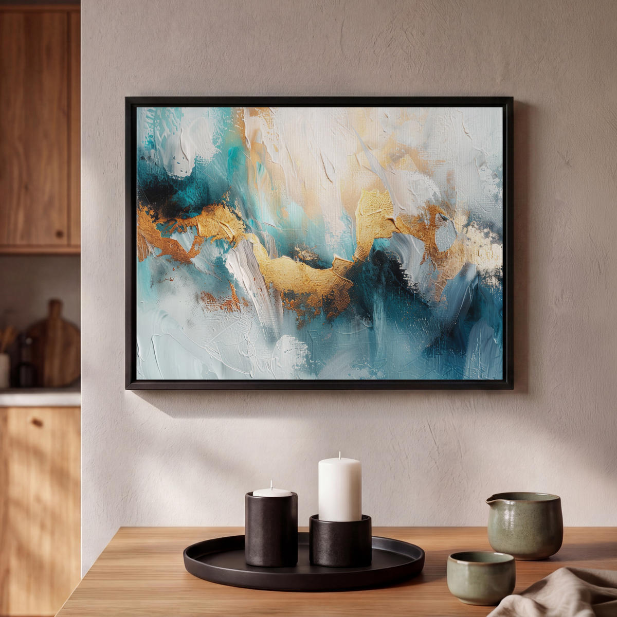 LEINWAND Bilder mit Rahmen - Abstrakt - Kunst - Gold - Blau - 40x30 - Petrol, Textil (40/30cm) - MuchoWow