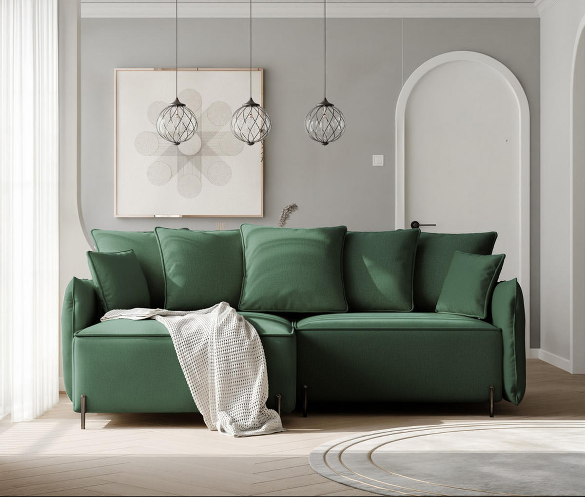 ECKSOFA MARCO Links, mit Schlaffunktion und Bettkasten, Grün - Grün, Textil/Metall (221/148cm) - Idohome