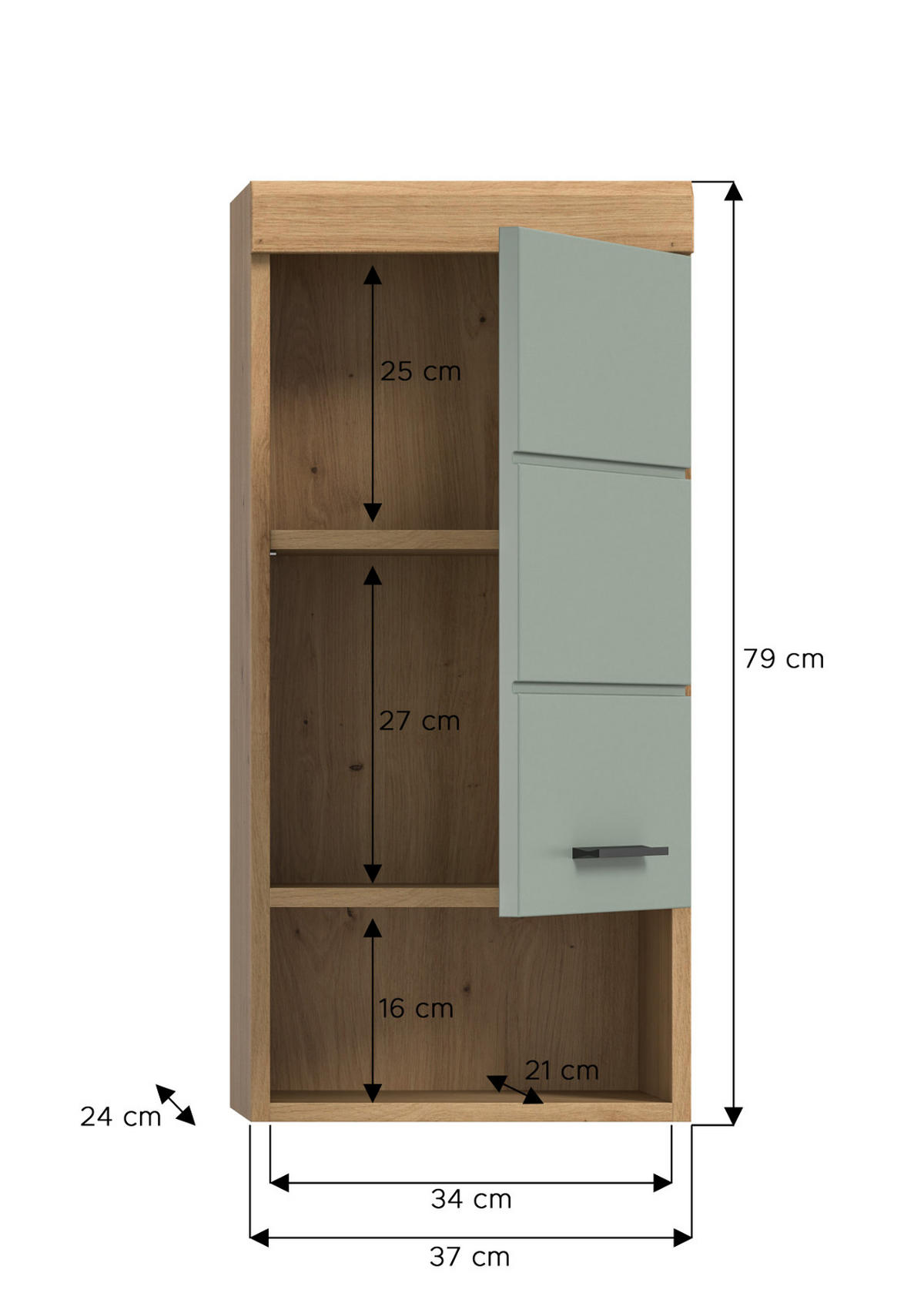 HÄNGESCHRANK Salbei grün, Eiche Artisan 37 x 79 cm, Badschrank hängend - Salbeigrün/Schwarz, Holzwerkstoff/Kunststoff (37/79/24cm) - Inn.Furn