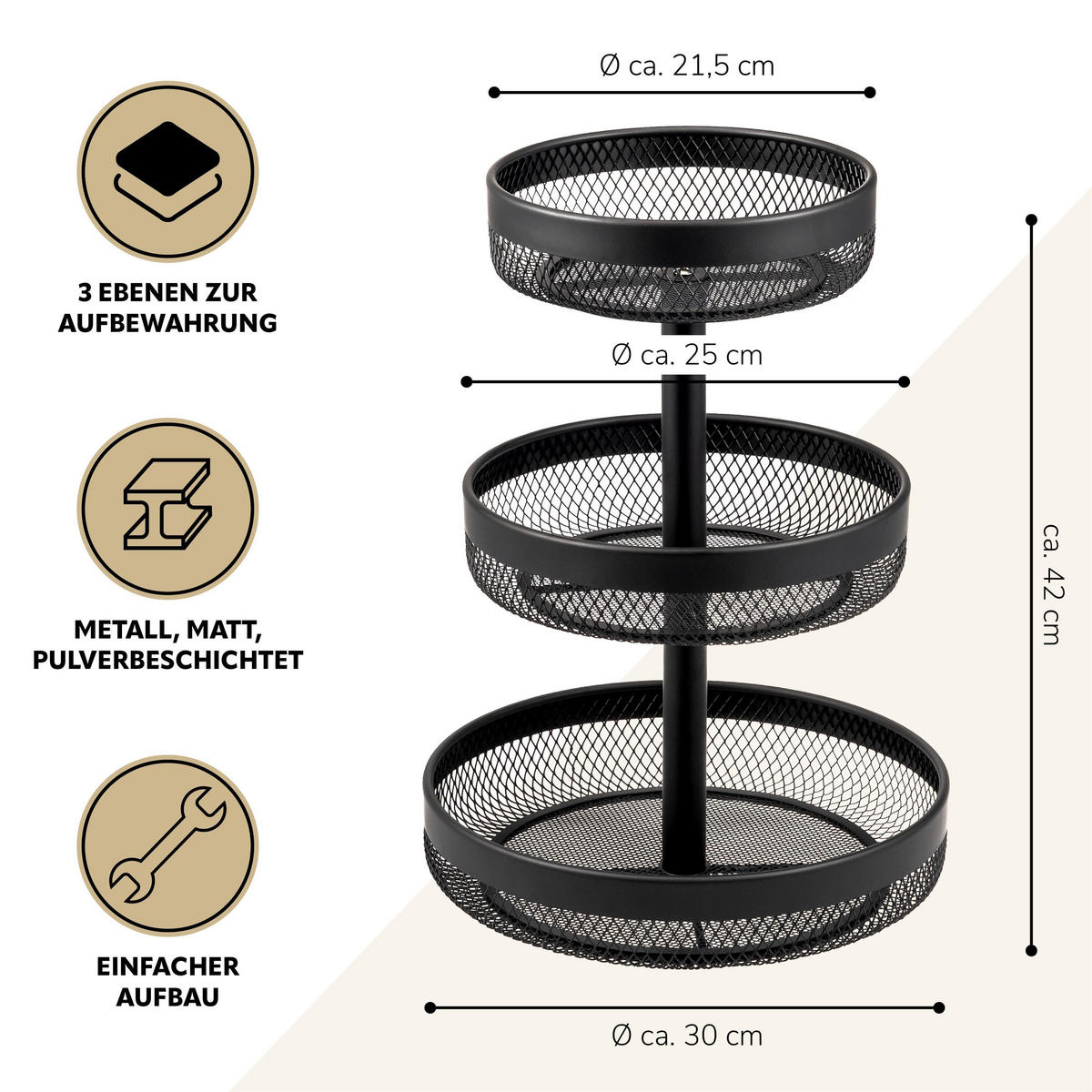 OBSTETAGERE 3-STÖCKIG rund Metall schwarz - Schwarz, Metall (42cm) - eluno