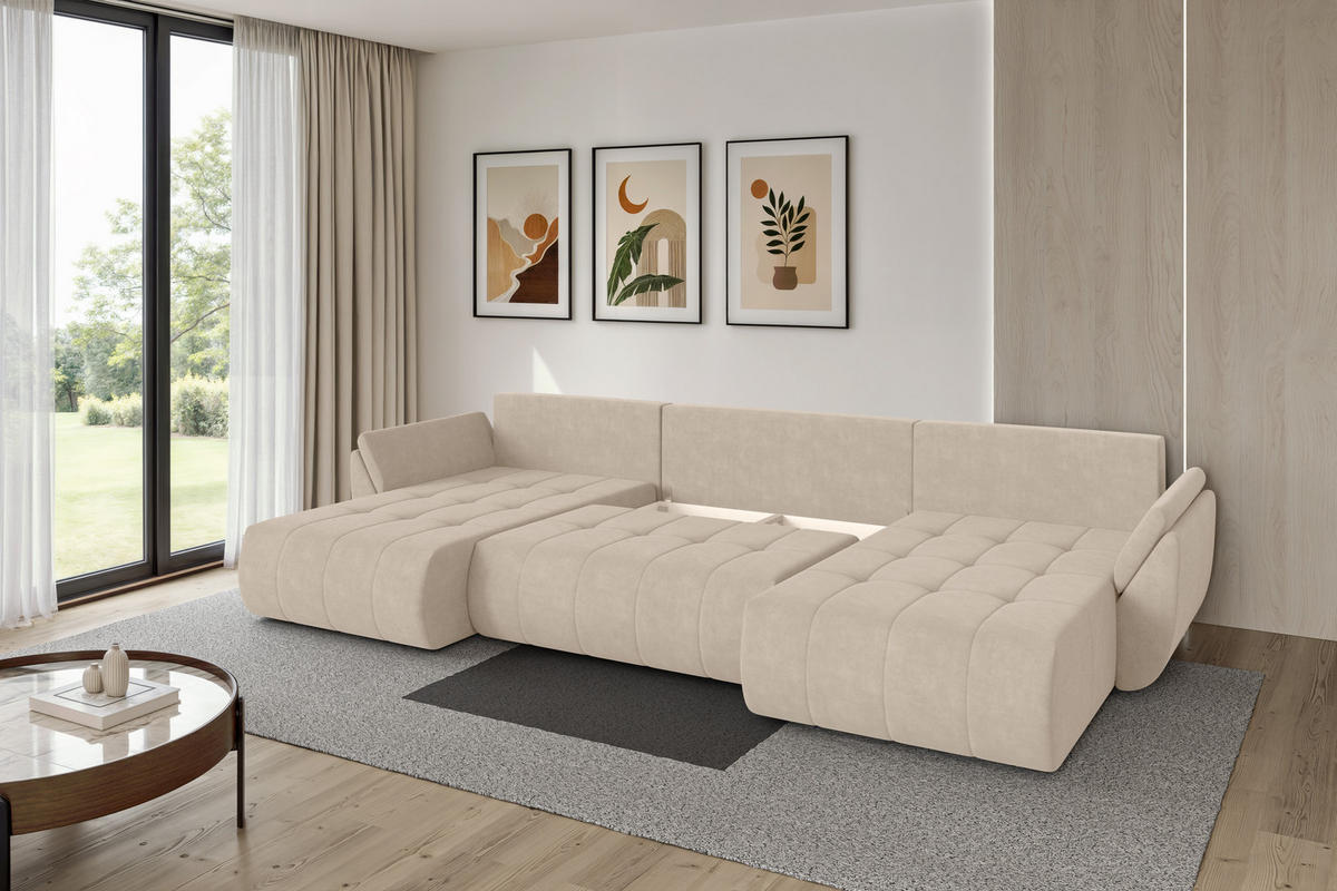 SEDACÍ SOUPRAVA DO U s funkcí spaní a úložným prostorem TOKO-U 378x194x86 béžová velur - černá/Sahara, kompozitní dřevo/textil (378/86/194cm) - ALTDECOR
