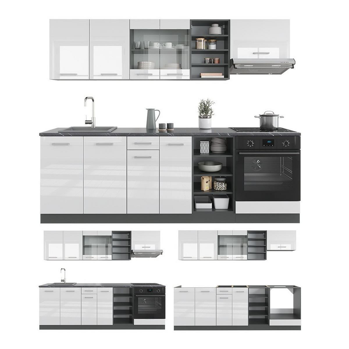 KUCHYŇSKÝ KOUT R-Line Bílý vysoký lesk/antracit 240 cm bez pracovní desky - antracitová/vysoce lesklá bílá, kompozitní dřevo (240/206.8/46cm) - Vicco