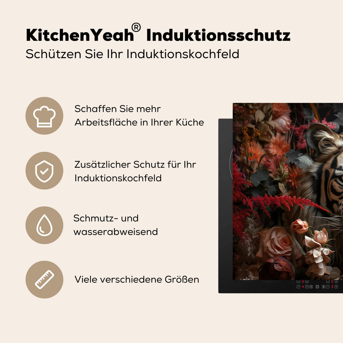 HERDABDECKPLATTE Tiger - Tier - Natur - Floral - Botanisch 81x52 cm - Orange, Kunststoff (81.2/0.2/52cm) - MuchoWow