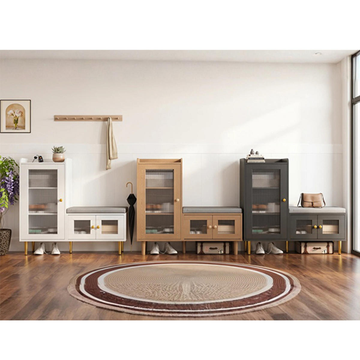 SCHUHSCHRANK mit Sitzbank, 3 Türen, verstellbare Einlegeböden, 100 x 35 x 90 cm, schwarz - Schwarz, Holz/Metall (35/90/100cm) - GENKI LIVING