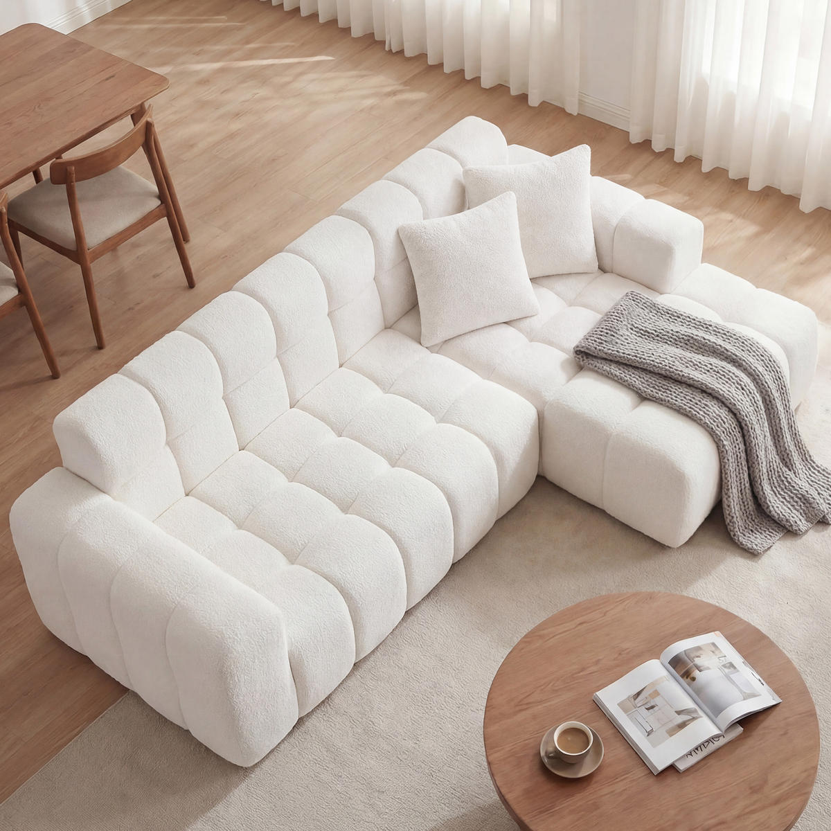 ECKSOFA L-Form 3-Sitzer in Weiß aus Samt mit recht Chaiselongue - Weiß, Textil (249.94/149.1cm) - CHICFURN