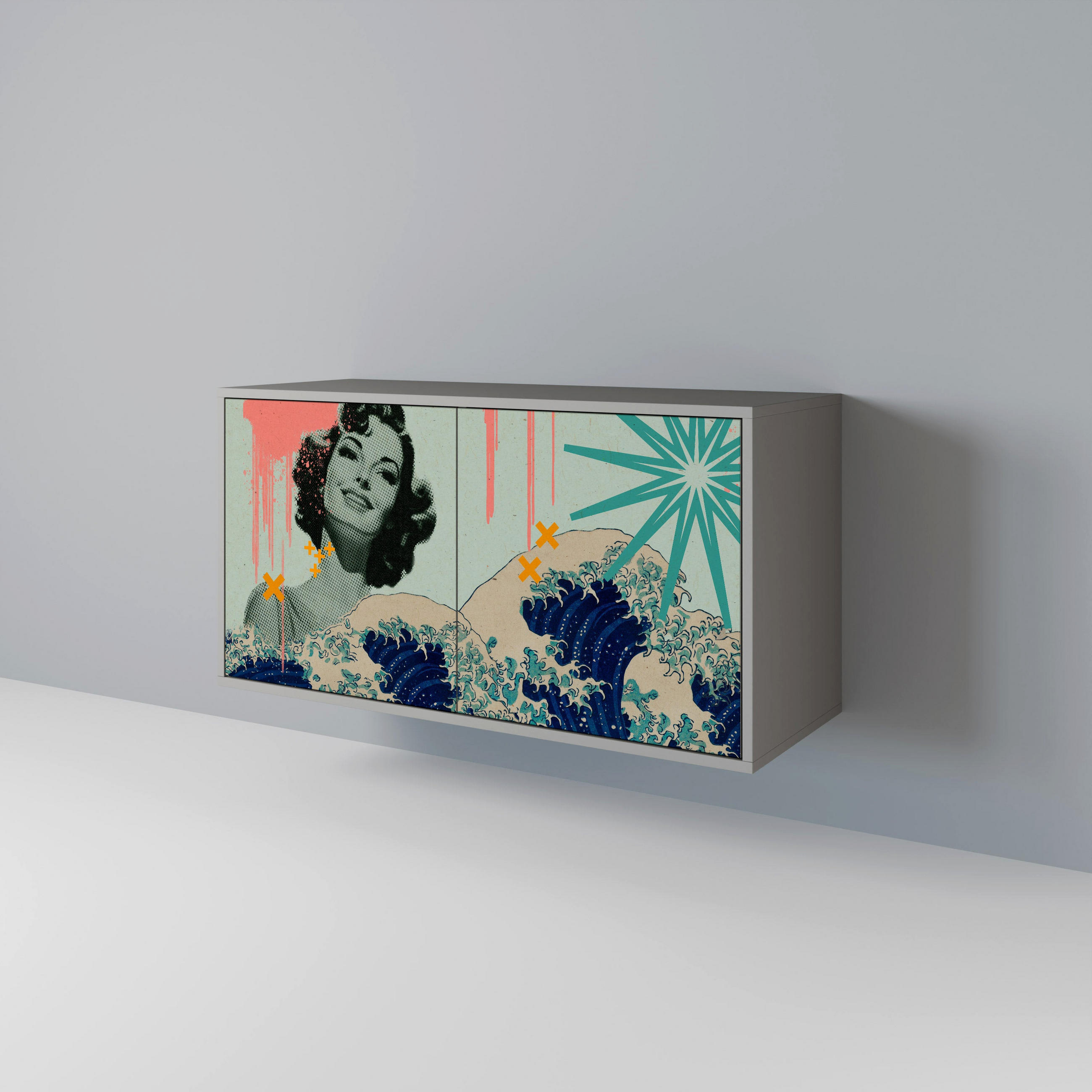 SIDEBOARD KANAGAWA BEAUTY, Graue Oberfläche, 111x42x57,5 cm, 2 Türen - Grau, Holzwerkstoff (111/57.5/42cm) - SpaceRebels