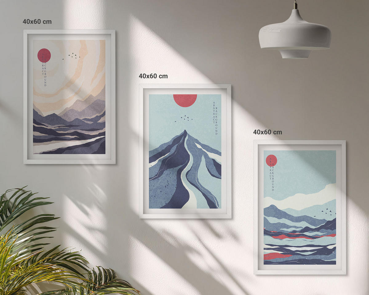WANDBILDER 3er-Set - 40x60 cm Weißer Rahmen - Abstrakte japanische Berge - Weiß, Kunststoff (40/60cm) - ArtPrintCave