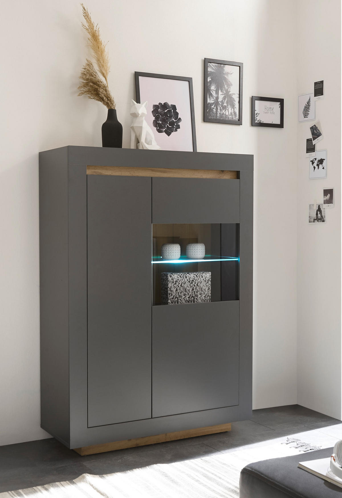 VITRINE anthrazit, Wotan Eiche, Highboard mit viel Stauraum - Eichefarben/Anthrazit, Glas/Holzwerkstoff (96/136/38cm) - Furn.Design