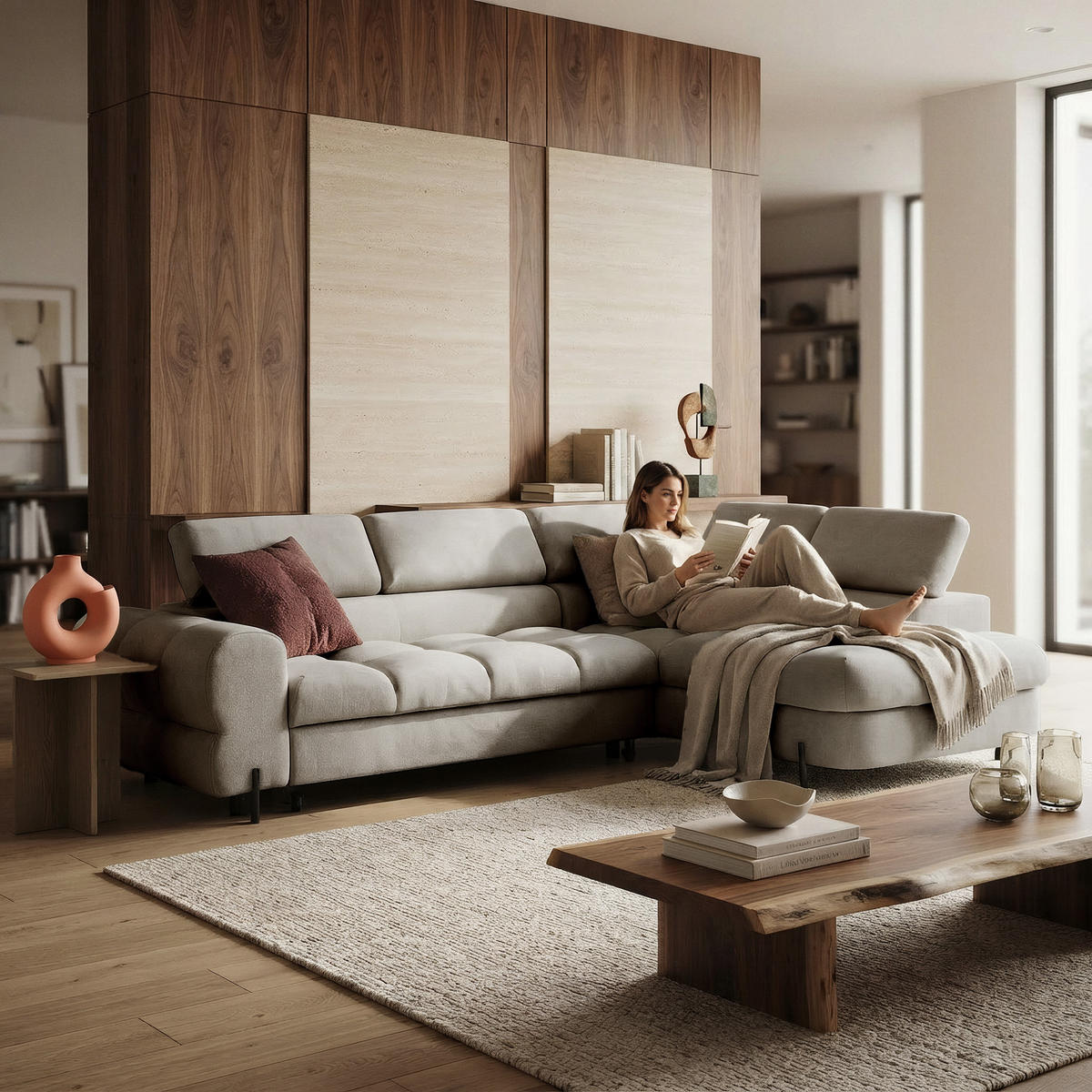 ECKSOFA BOWL L Rechts mit Schlaffunktion 125x195 Velours Beige - Beige/Schwarz, Holz/Textil (195/260cm) - Muffo