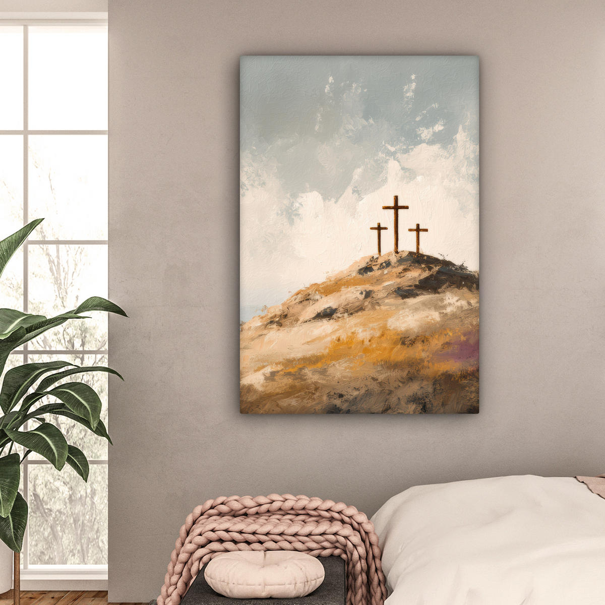 LEINWANDBILD Hügel - Abstrakt - Christentum - Kreuz Deko XXL 80x120 cm - Hellgrau, Textil (80/120cm) - MuchoWow