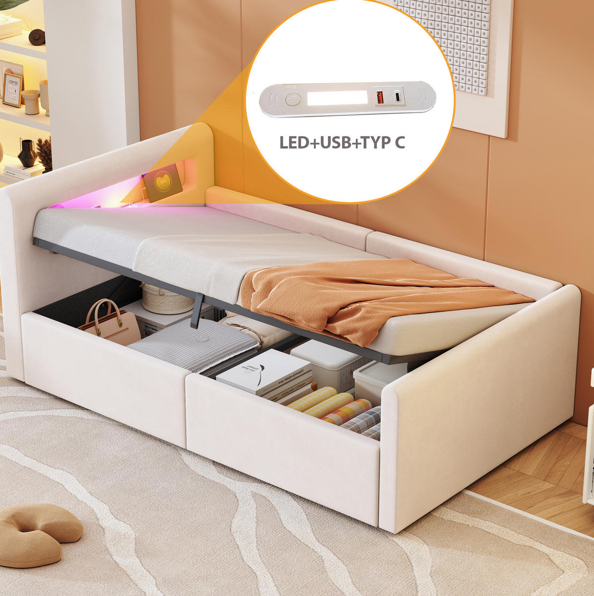 KINDERBETT 90/200 cm aus Samtstoff mit LED-Kopfteil und hydraulischem Stauraum Beige - Beige, Textil (90/200cm) - Modenvie