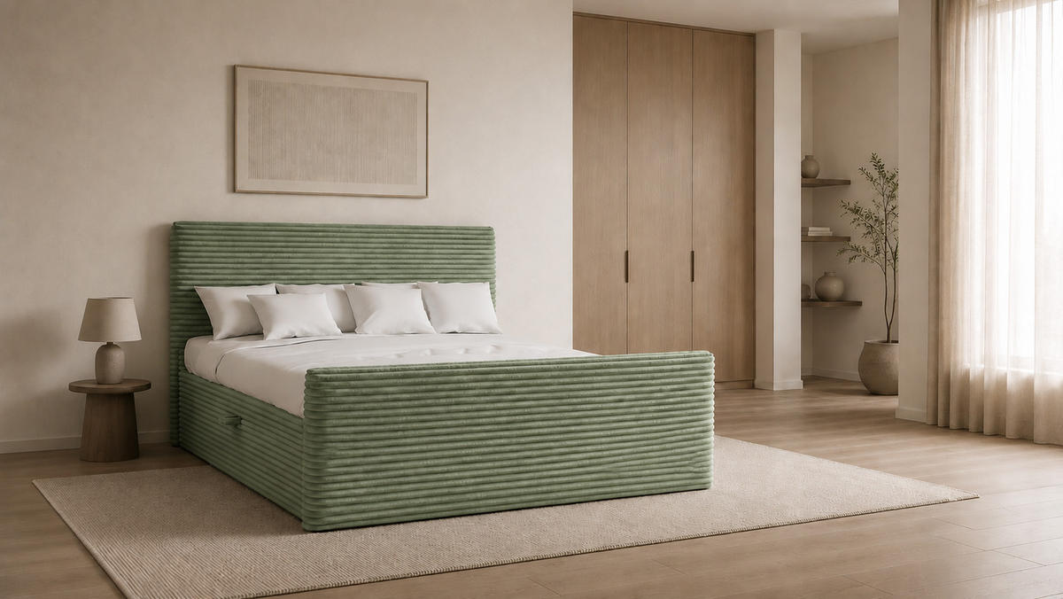 BOXBETT Mit Bettkasten Und Topper TRENTO Stoff Plüsch Cord 160x200 cm Olive H2-Pocket - Olivgrün, Holz/Textil (160/200cm) - Kaiser Möbel