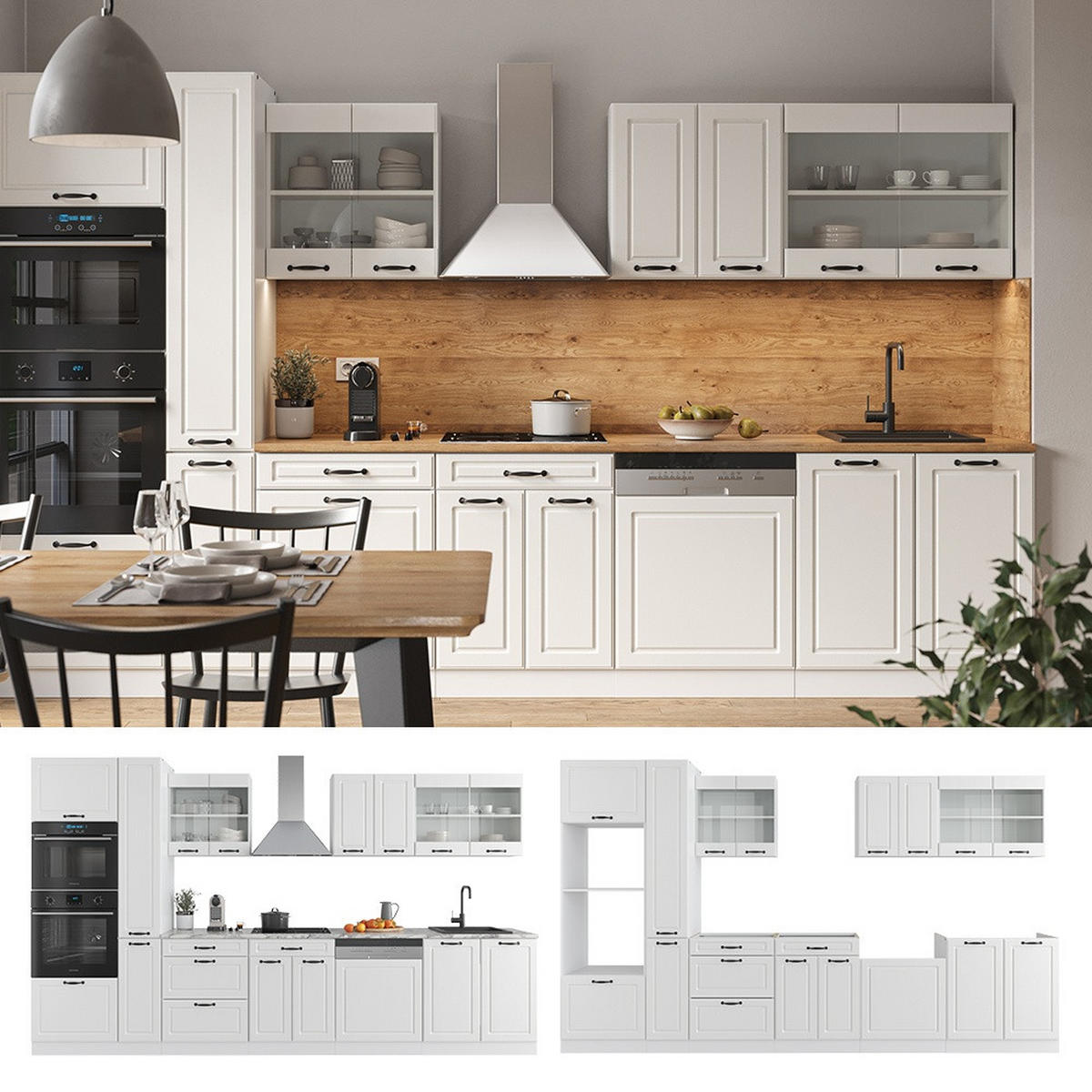 KÜCHENZEILE R-Line Weiß Landhaus/Weiß 350 cm mit Hochschrank, AP Marmor - Weiß, Holzwerkstoff (350/206.8/60cm) - Vicco