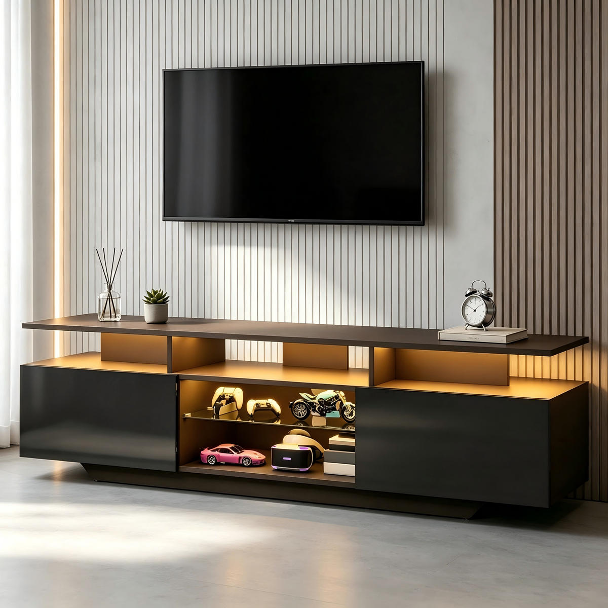 TV-ELEMENTFERNSEHSCHRANK Schwarz 160x40x45cm-TV-Board Hochglanz mit LED-App-Steuerung - Schwarz, Holz (50.5/14.99/76cm) - Raelunyi