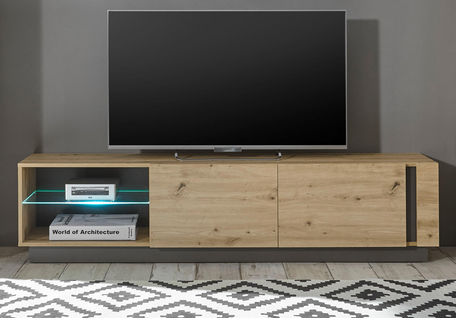 TV Lowboard 180 Cm, Eiche & Anthrazit – Mit Schubladen, Türen & Offenen Fächern, Push-Open, Modernes Design