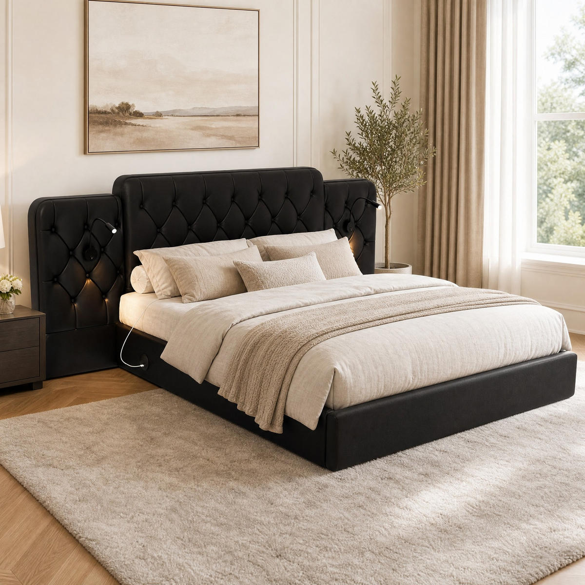 POLSTERBETT 160/200 mit langem Kopfteil, USB-Anschlüssen, Hydrauliksystem und Stauraum in Schwarz - Schwarz, Holzwerkstoff/Textil (160/200cm) - EVRYAE