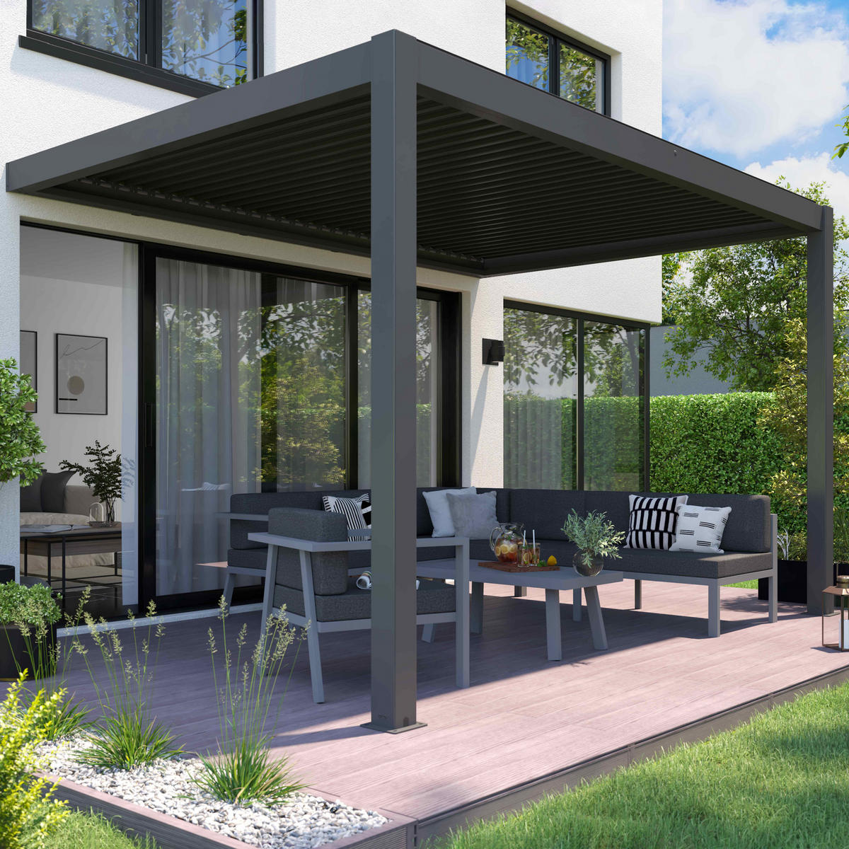 PERGOLA 3x4m, beleuchtet, motorisiert mit 2 Markisen, Grau - Grau, Metall (275/257/397cm) - Oviala