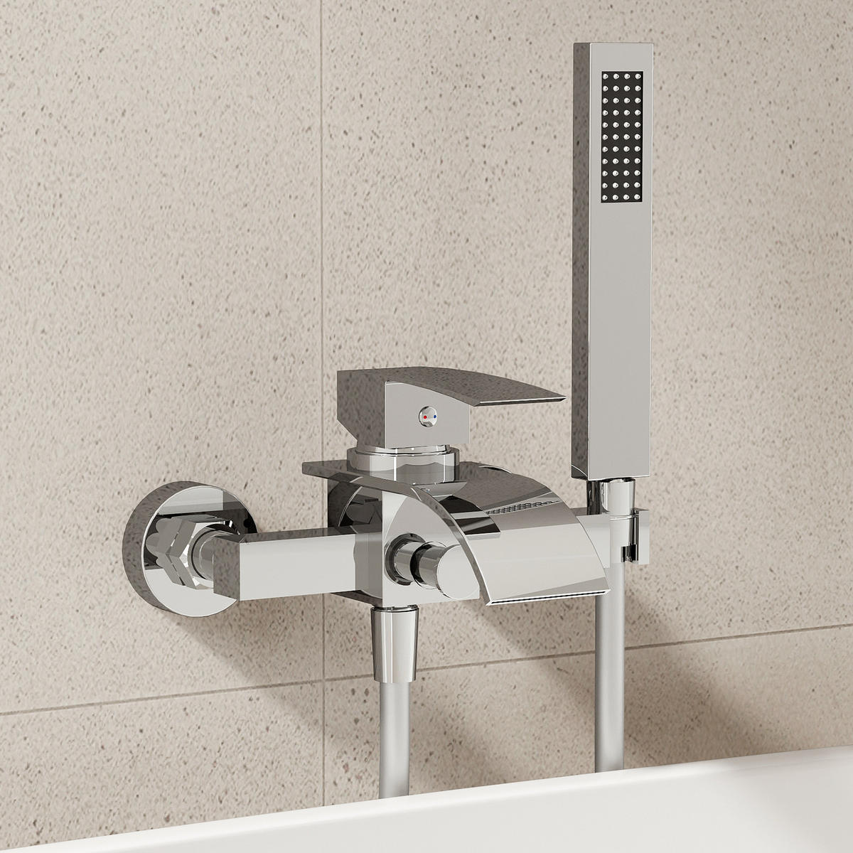 BADEWANNENARMATUR SFS-5005 Chrom, Aufputz mit Wasserfallauslauf 200 mm Handbrause 1500 mm Einhebel 150 mm Stichmaß - Chromfarben, Metall (6/20/23cm) - Everstein