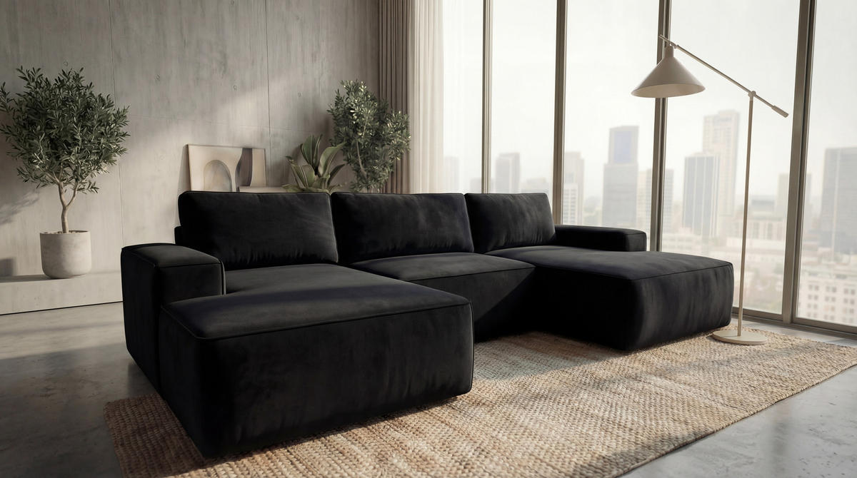 ECKSOFA EINAR 362 cm x 170 cm – Stoff: VELUTTO Schwarz 20 Farbe: Schwarz - Schwarz, Textil (362/170cm) - A&J MöbelLand