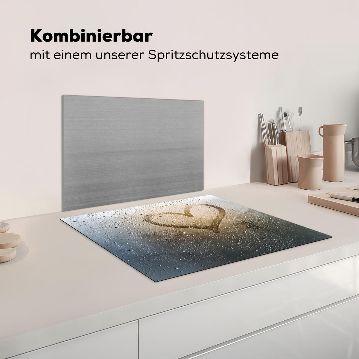 HERDABDECKPLATTE Herz - Kondenswasser - Wasser - 3D Herdabdeckung Induktionsfeld 65x52 cm - Grau, Kunststoff (65/52/0.2cm) - MuchoWow