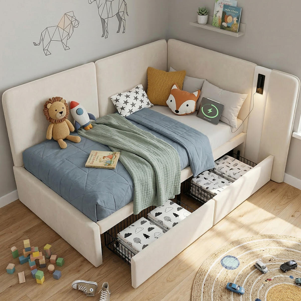 POLSTERBETT aus Samt 90x200 cm in Beige mit 2 Schubladen, USB-C & Leselampe - Beige, Textil (90/200cm) - Modfu