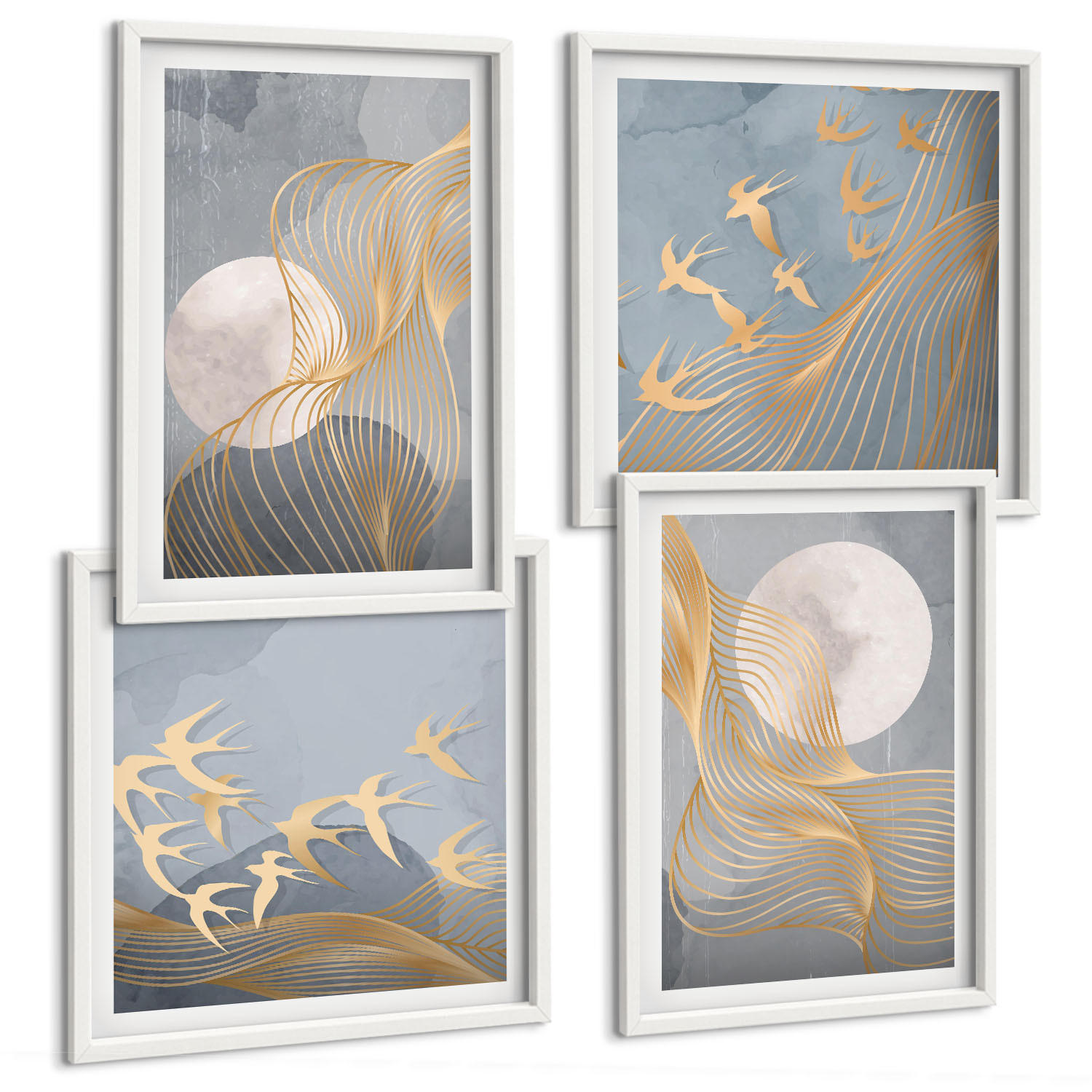 BILDER SET 4er Set - 50x50 cm & 40x60 cm Weißer Rahmen - Abstrakte Wellenkreise, grau - Weiß, Kunststoff (50/50cm) - TULUP