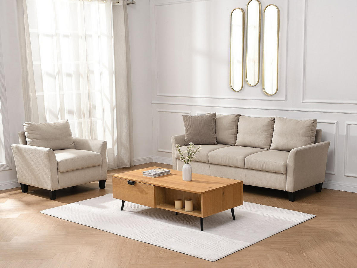 COUCHTISCH mit 2 Schubladen & 2 Ablagefächern - Eichenfurnier & Stahl - Holzfarben hell & Schwarz - SINOLO - Naturfarben, Holz (120/60/38cm) - Vente-Unique