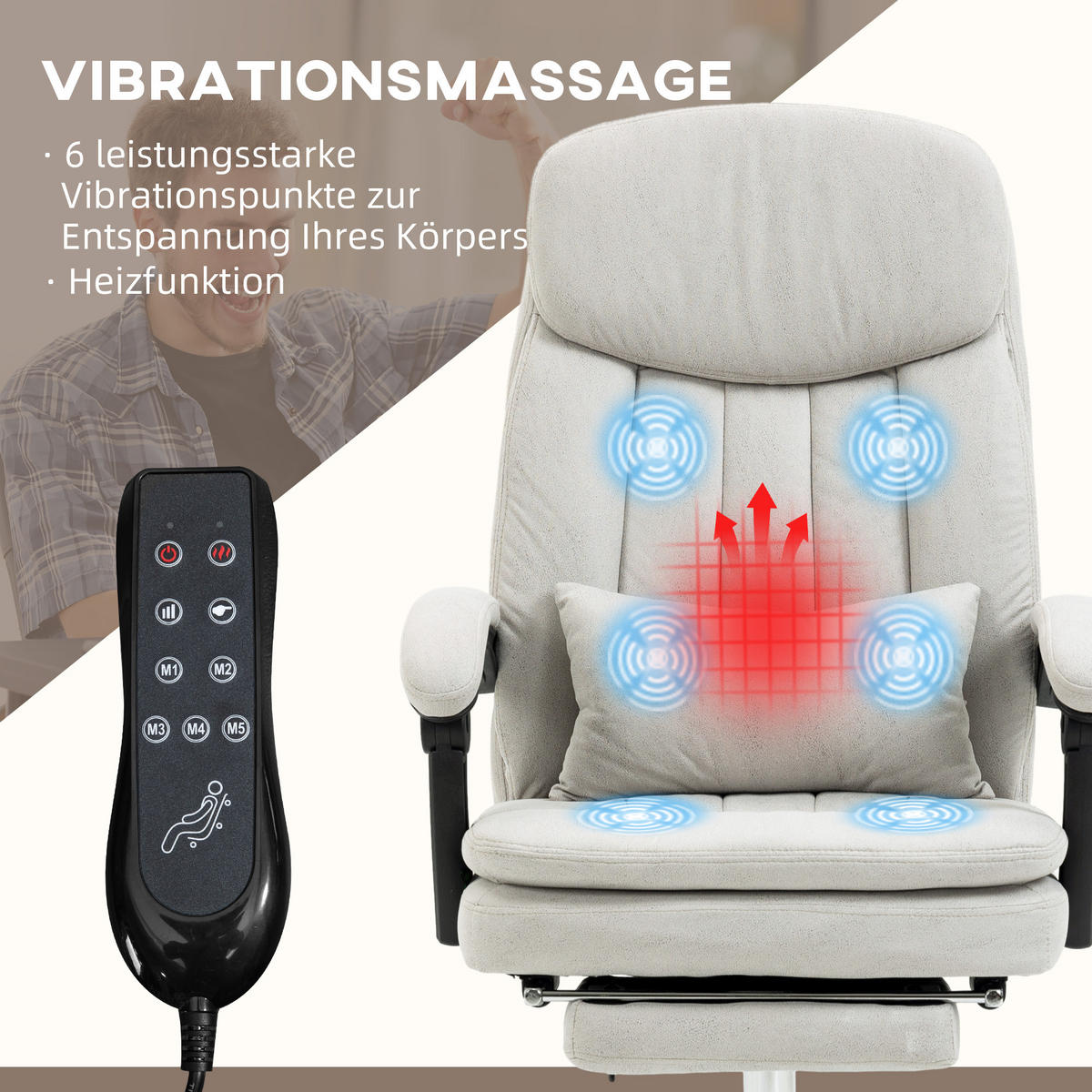 BÜROSTUHL mit Massagefunktion, Creme - Weiß, Kunststoff (67/118/66cm) - Vinsetto