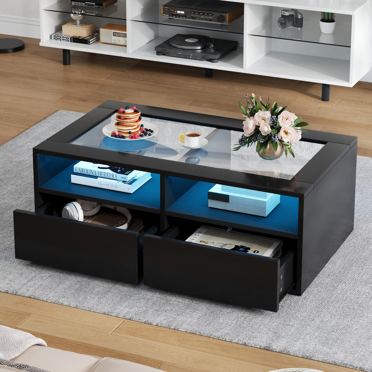 COUCHTISCH LED Schwarz Glas 2 Schubladen 100x50x35cm Stauraum - Schwarz, Holzwerkstoff (100/50/35cm) - FLIEKS