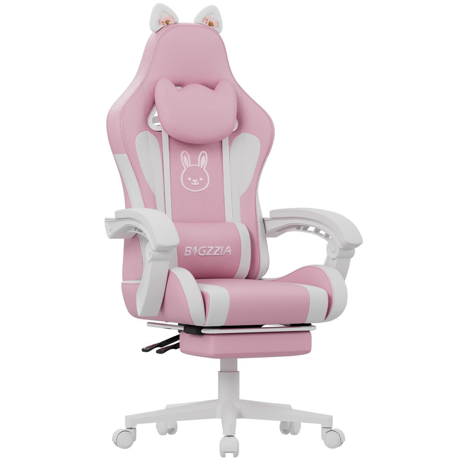 Gaming-Stuhl Katzenohren, Massage, Fußstütze – Rosa/Weiß - Pink, Leder (59/120/56cm) - Rattantree