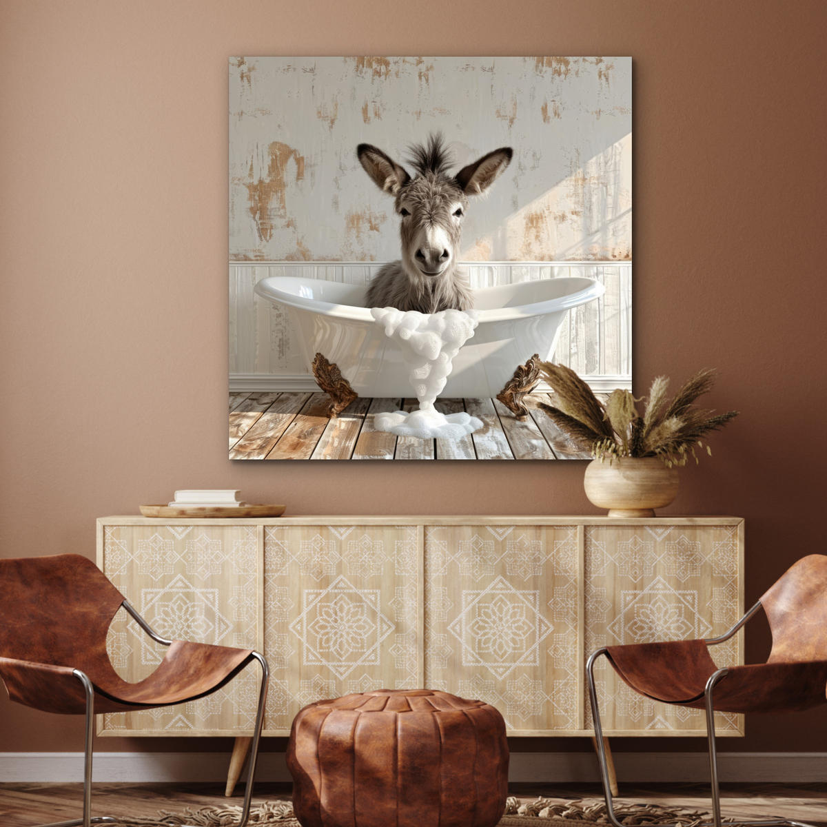 KOVOVÝ OBRAZ Osol - Zvieratá - Vaňa - Pena 90x90 cm - biela, kov (90/90cm) - MuchoWow