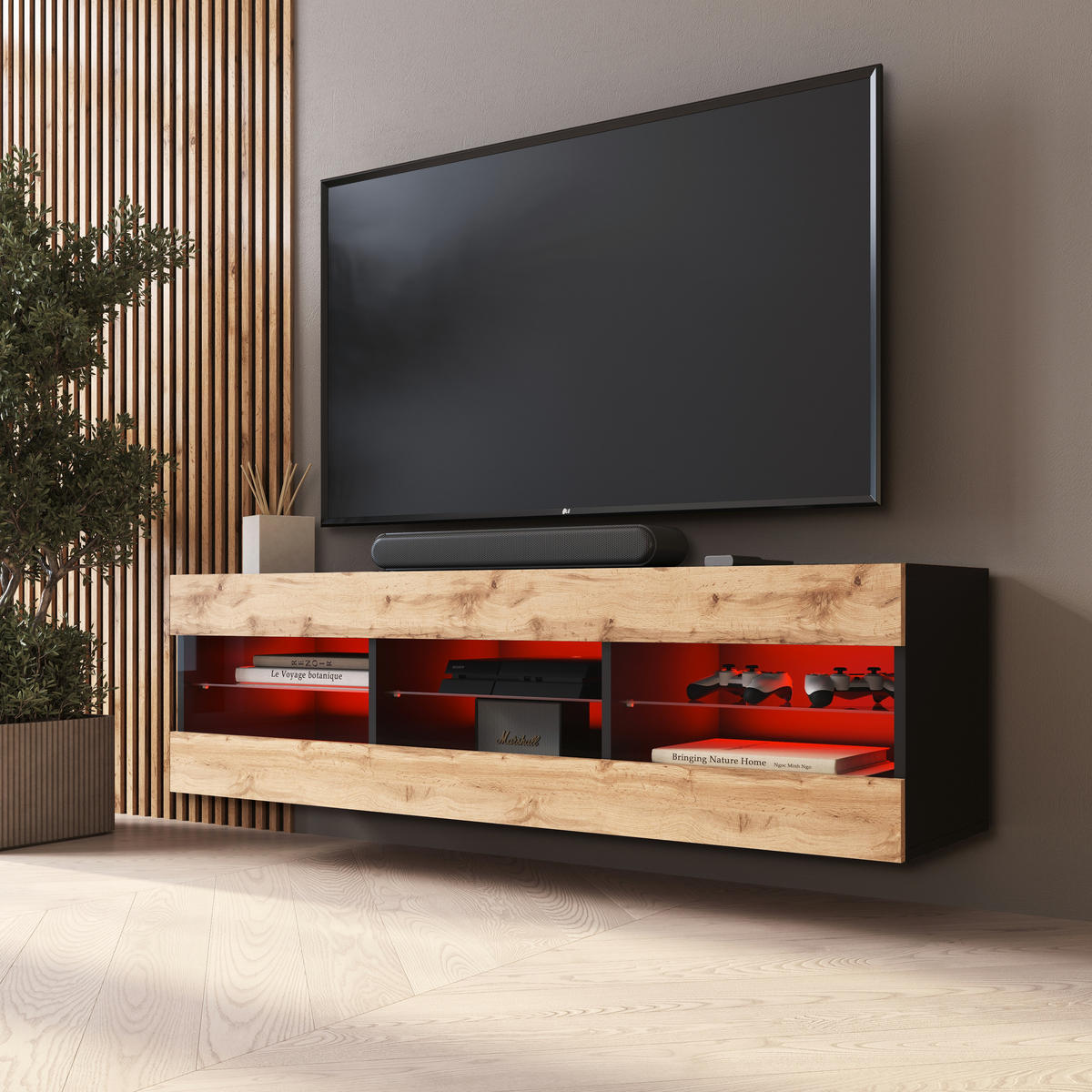 LOWBOARD TIVOLI RTV 140, Wotan, LED Mehrfarbige - Eiche Wotan/Schwarz, Glas/Holzwerkstoff (140/40.5/35.5cm) - Komodee