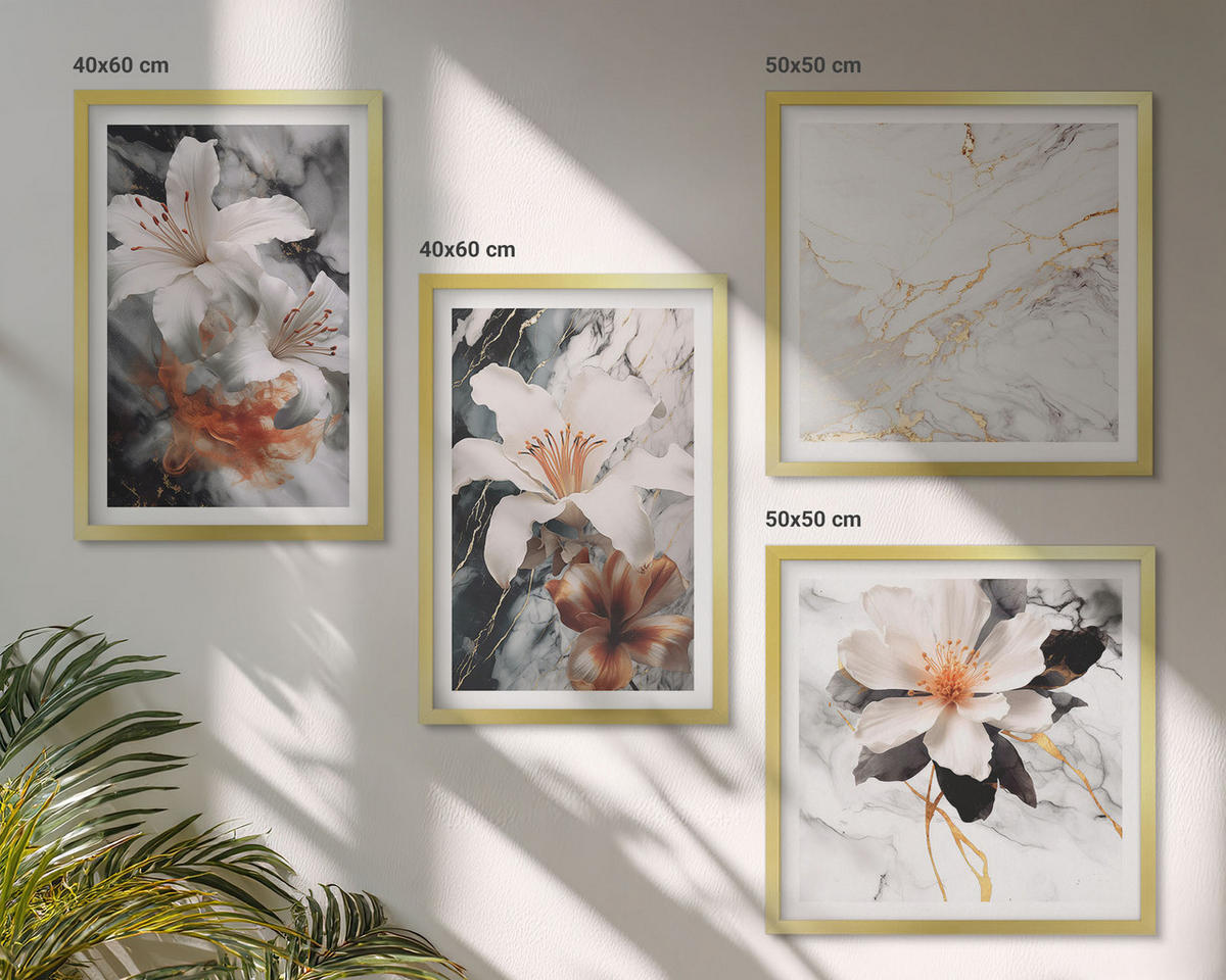 BILDER SET 4er Set - 50x50 cm & 40x60 cm Goldrahmen - Blumen Marmor weiß schwarz - Goldfarben, Kunststoff (50/50cm) - TULUP